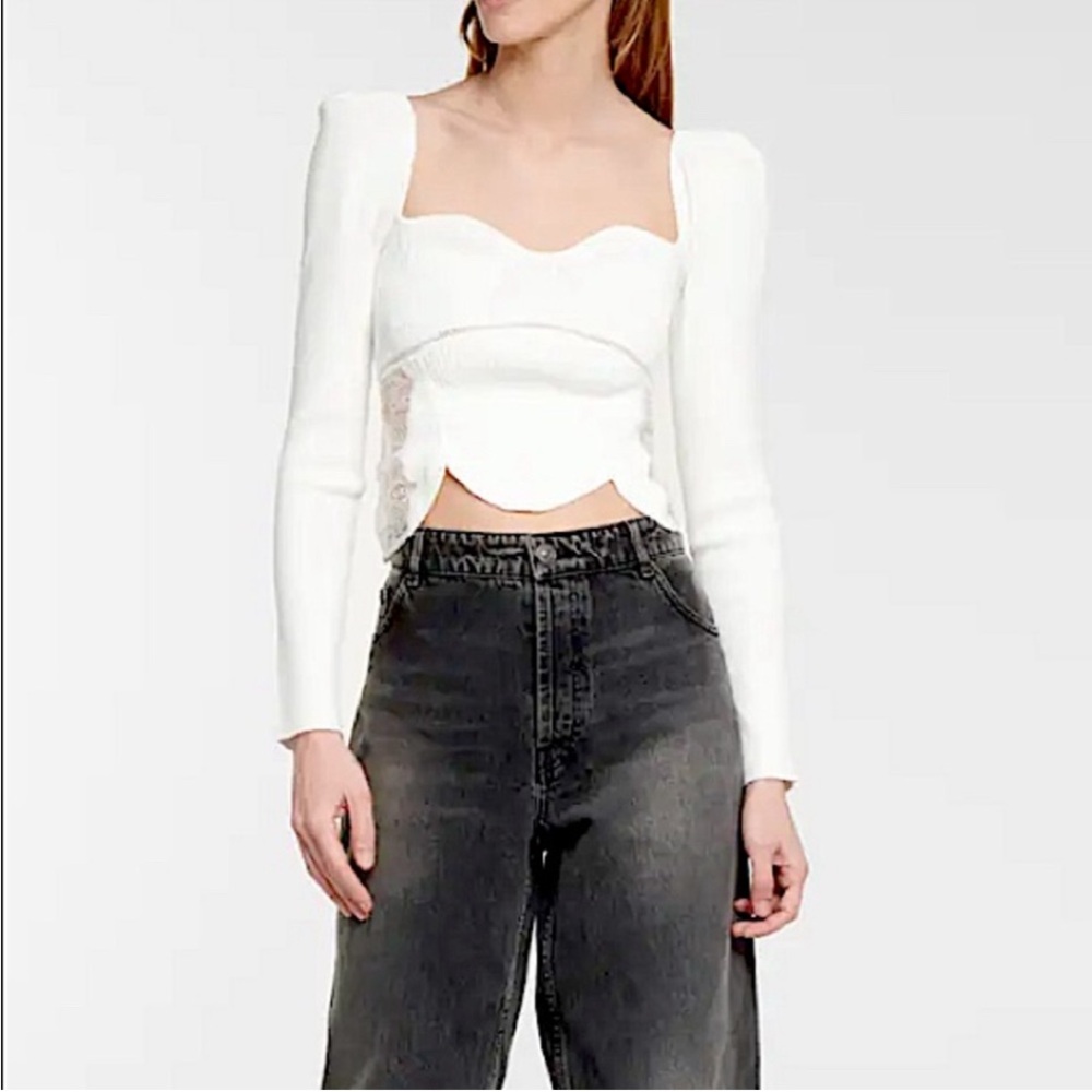 self-portrait lace ribbed knit White top Sz S